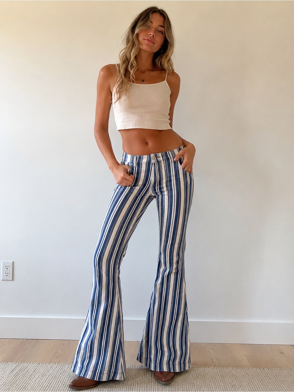 Free People Jolene Hip Hugger Striped Flare Jeans